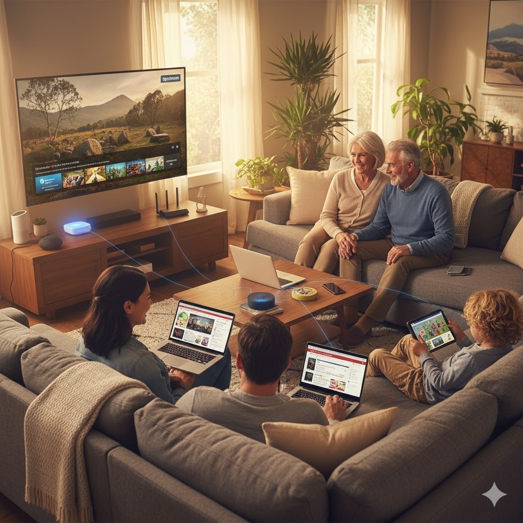 Family enjoying Spectrum Internet, mobile plans, and cable TV with no interruptions