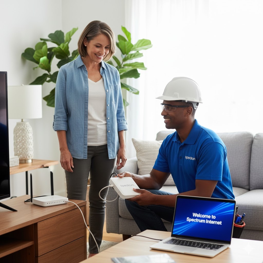 Technician setting up Spectrum new service installation in a modern home
