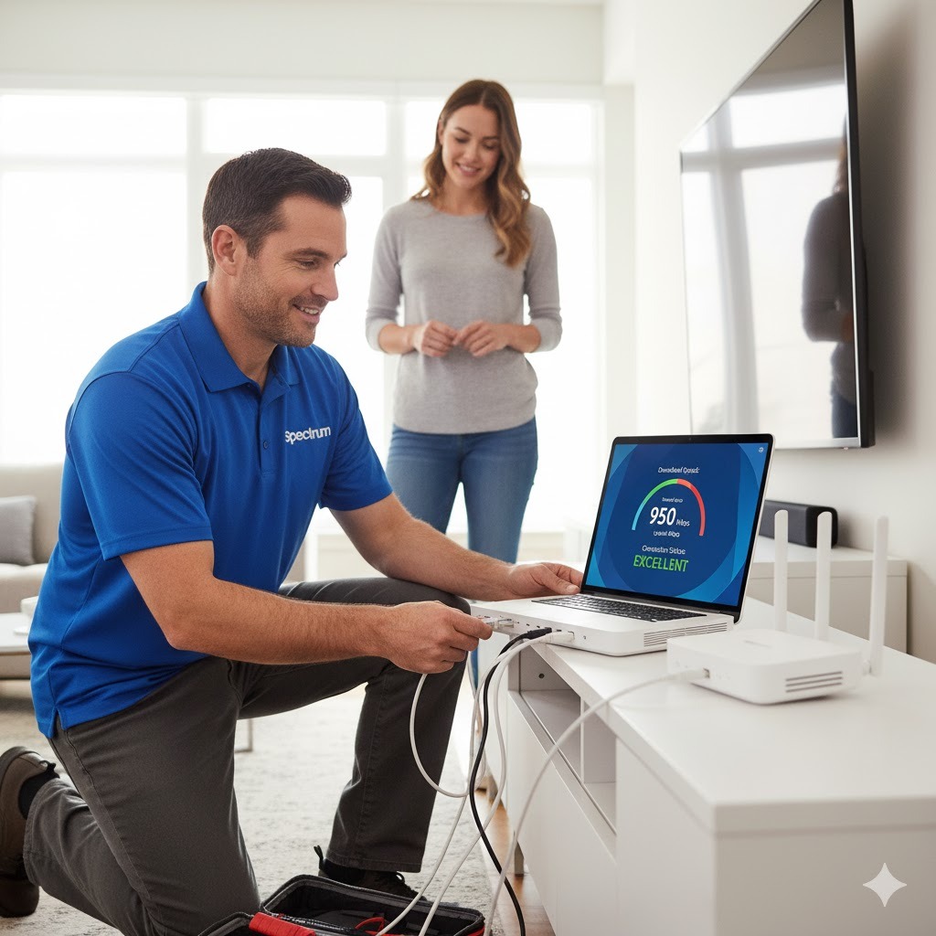 Technician setting up Spectrum internet modem and verifying high-speed connectivity