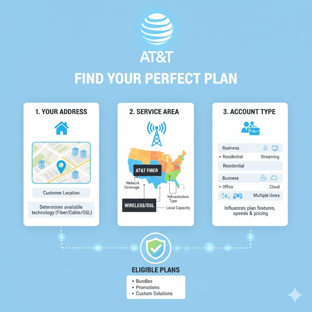 Diagram explaining AT&T’s process for determining accurate internet speed availability based on verified customer details.