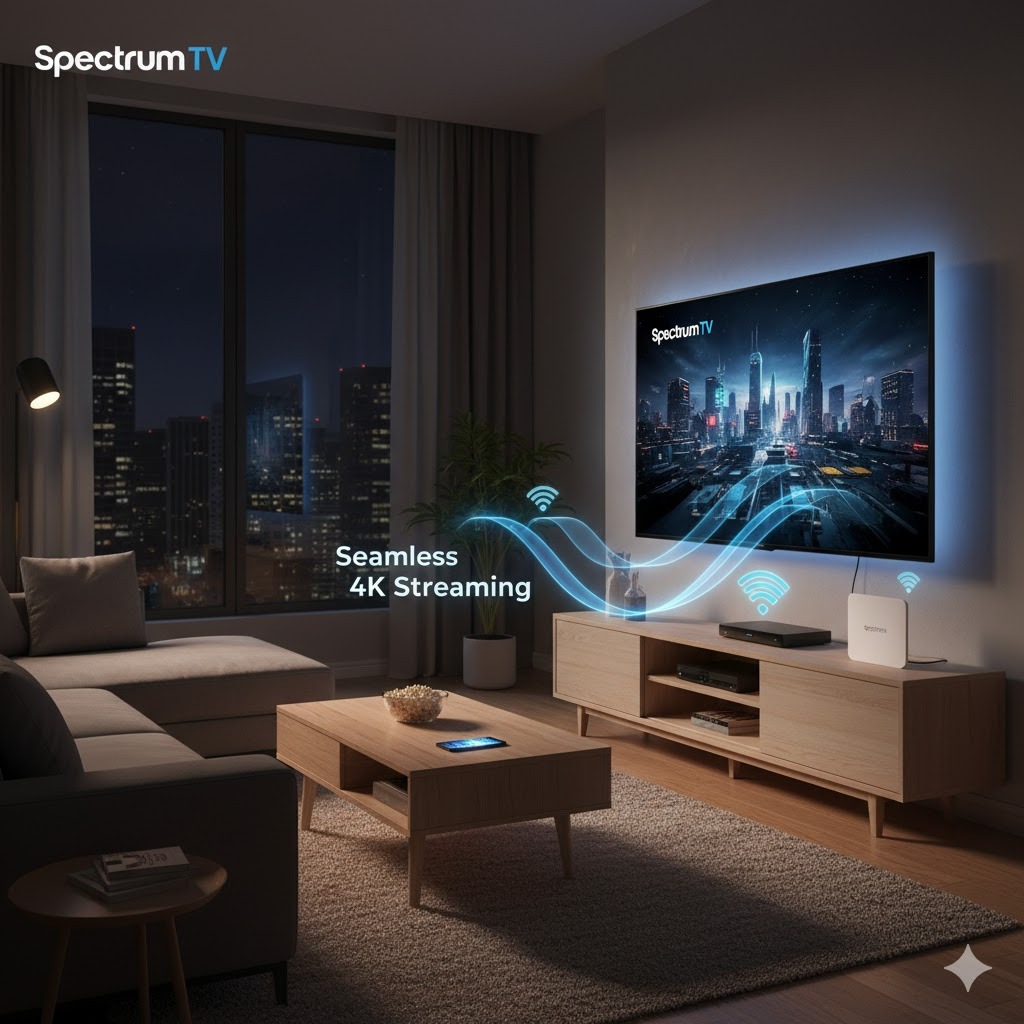 Home entertainment setup with Spectrum cable TV and high-speed WiFi.