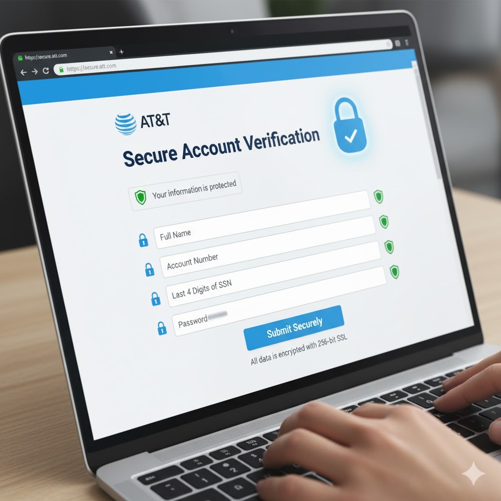 AT&T’s encrypted online verification system protecting customer data during service eligibility checks.