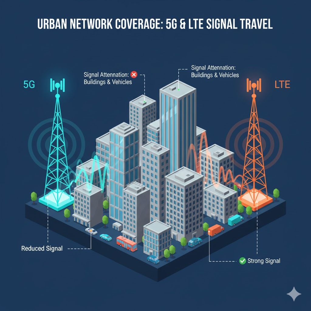 Diagram illustrating AT&T 5G and LTE signals affected by urban buildings and congestion.