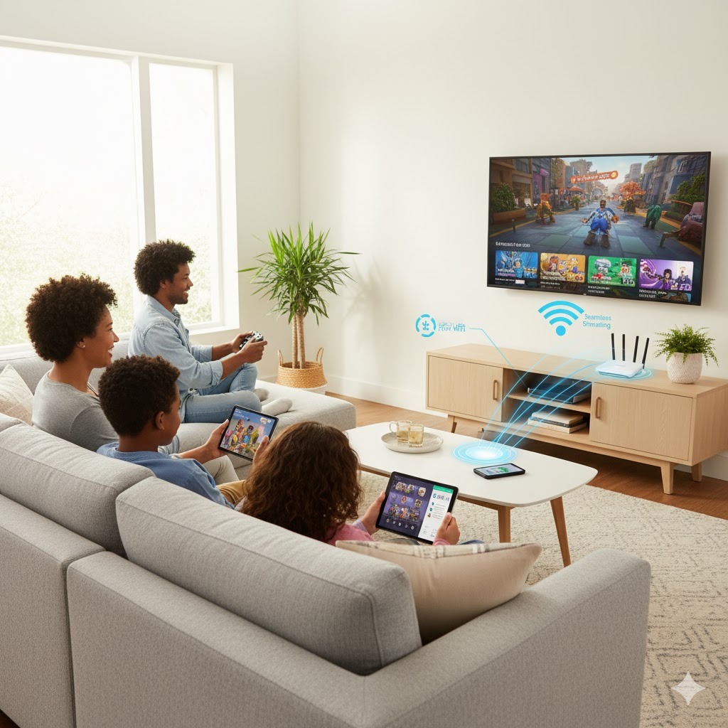 Family using Spectrum WiFi on multiple devices at home.