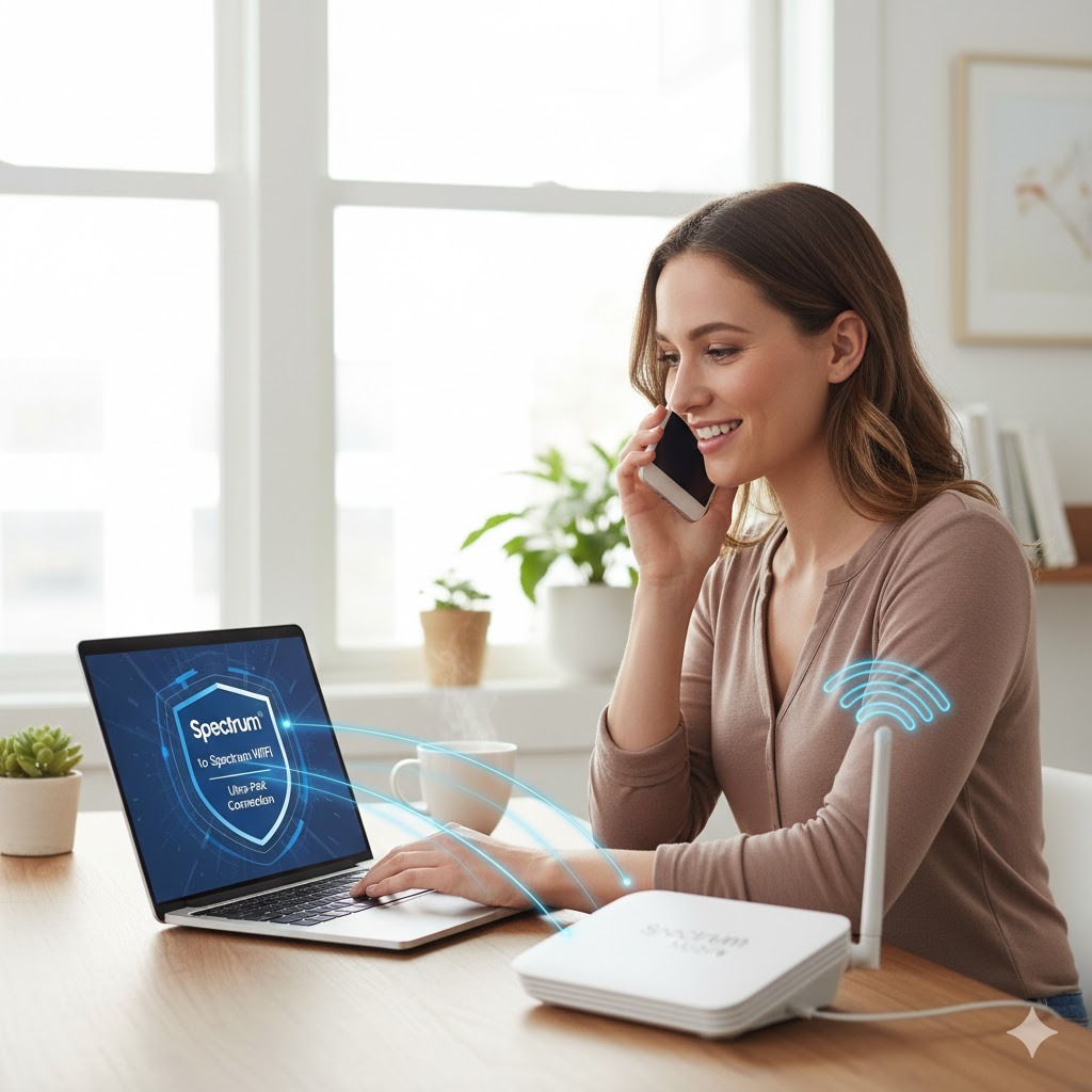 Customer using Spectrum mobile phone with Spectrum WiFi for multitasking