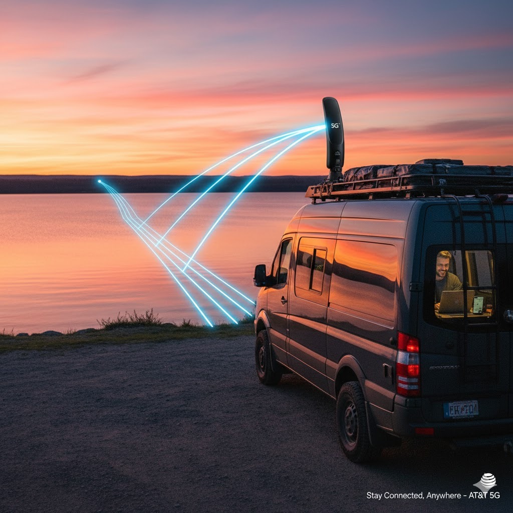 Van parked in remote area using AT&T signal booster to improve mobile coverage.
