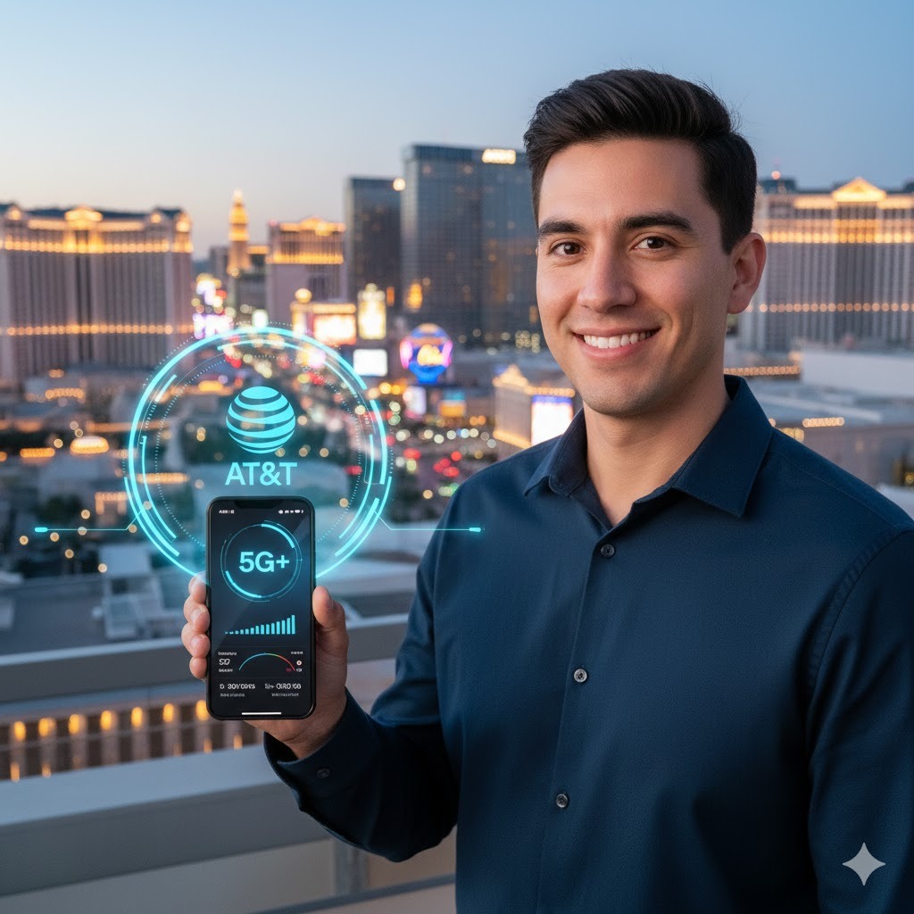 Happy AT&T customer using 5G network with Las Vegas city in background.