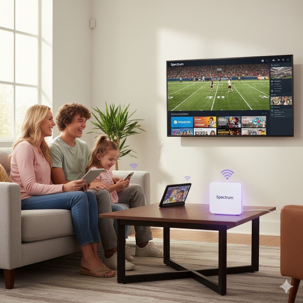 Family enjoying high-speed Spectrum Internet on multiple devices at home