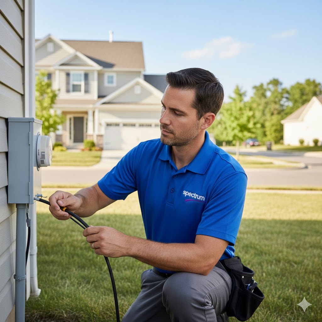 Spectrum technician checking coaxial cable outside home to improve Internet reliability