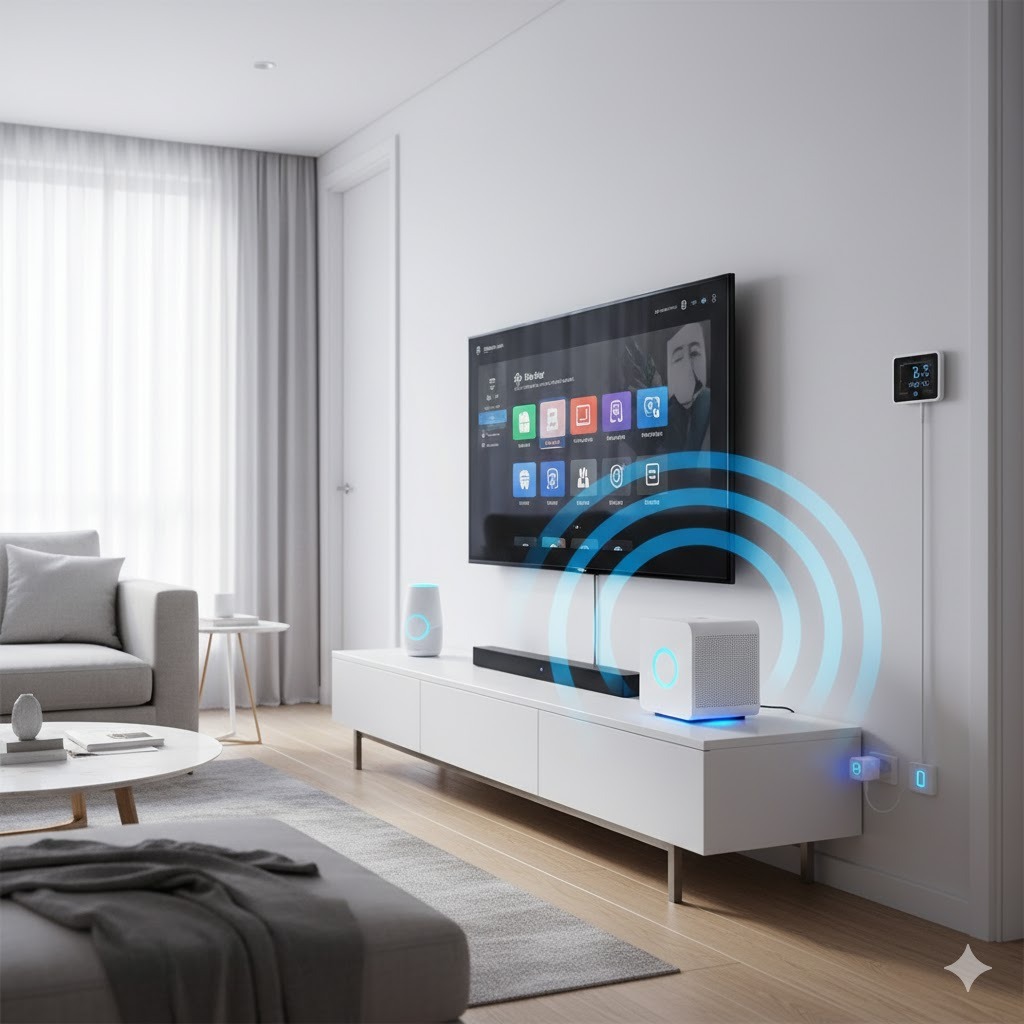 Smart home interior powered by AT&T Fiber Internet showing connected devices like thermostat, camera, and smart lighting system.