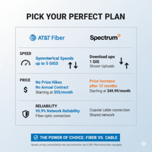 AT&T Fiber vs. Spectrum plan comparison with speed, upload, and pricing details for USA.
