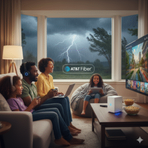 Family enjoying stable AT&T Fiber connection indoors during bad weather in USA.