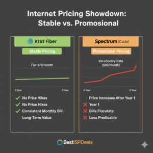 Comparison chart between AT&T Fiber and Spectrum pricing and reliability.