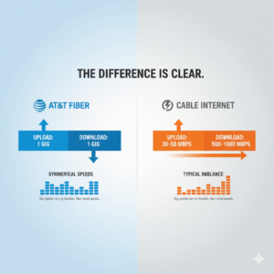 AT&T Fiber’s balanced speed performance vs Spectrum’s coaxial internet speeds.