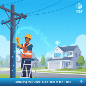 AT&T Fiber installation technician setting up service for a household in USA.
