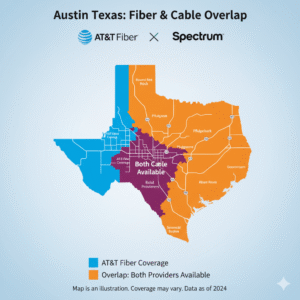 Visual map of AT&T Fiber and Spectrum availability zones in USA.