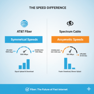 Visual representation showing AT&T Fiber’s upload and download balance compared to Spectrum Cable’s limited upload speed.