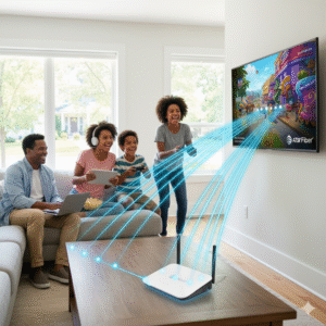 Family using fast AT&T Fiber Internet for entertainment and work in USA.