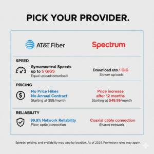 Comparison between AT&T Fiber and Spectrum performance and pricing in USA.
