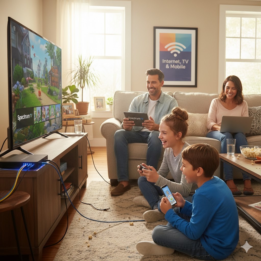 Family enjoying Spectrum bundled services at home, including internet, TV, and mobile.