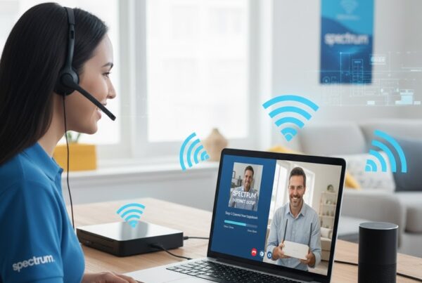 A friendly customer service agent assisting a smiling homeowner with Spectrum Internet setup on a laptop, surrounded by modern Wi-Fi router, modem, and connected smart devices. Background shows a bright living room with visible strong Wi-Fi signal icons and Spectrum branding elements.