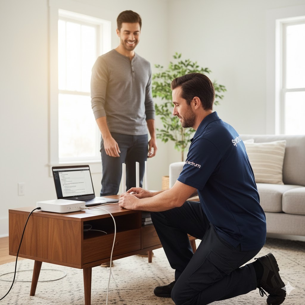 Spectrum technician installing internet router at a customer’s home