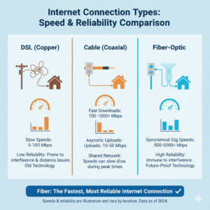 Visual comparison of AT&T DSL vs AT&T Fiber vs Spectrum cable internet technologies.
