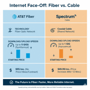 Side-by-side comparison of AT&T and Spectrum internet plans for USA customers.