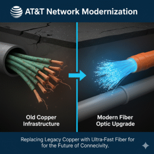 Visual comparison of shrinking copper infrastructure and expanding fiber networks.