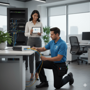 Technician installing AT&T Business Fiber in USA office for performance testing.