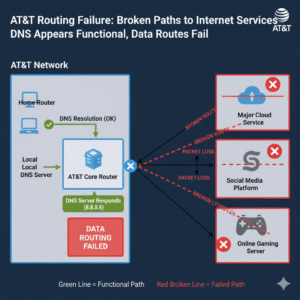 Diagram explaining partial internet outages caused by routing failures and DNS instability.
