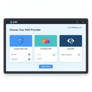DNS options displayed as alternatives to fix AT&T connectivity issues.