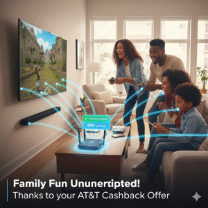 Happy family enjoying fast AT&T internet after offer credit activation in USA.