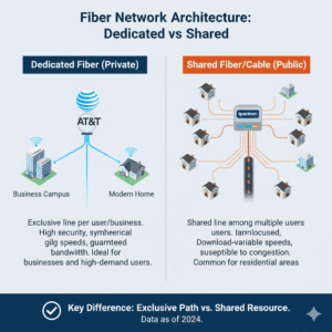 Visual showing Spectrum’s dedicated line vs AT&T’s shared fiber connection for business users.