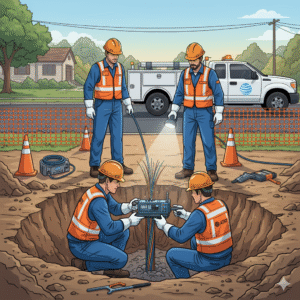 AT&T repair team working on a damaged fiber line causing outages in USA.