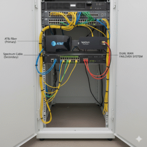Dual fiber internet connections for business redundancy setup.