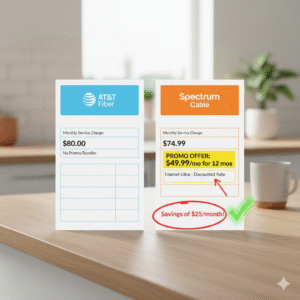 Customer comparing internet bills from Spectrum and AT&T in USA after rate changes.