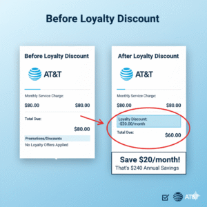 AT&T customer bill comparison showing reduced total after loyalty savings.