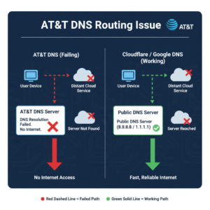 Illustration showing how bad DNS routing can cause outages even with active internet service.