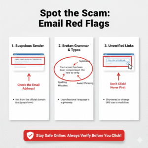 Visual checklist showing how to identify scam AT&T emails and offers.