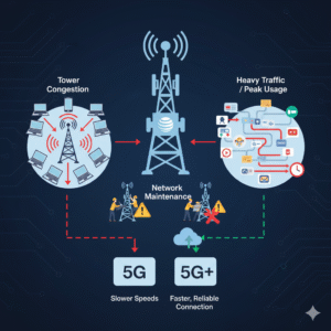 Diagram explaining factors that reduce AT&T 5G Premium speeds in congested USA regions.