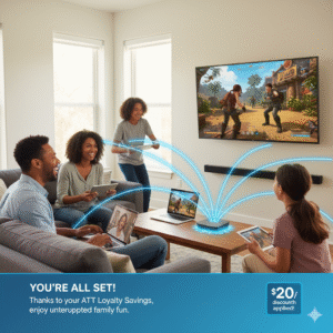 Happy family enjoying high-speed internet and savings after AT&T loyalty discount approval.