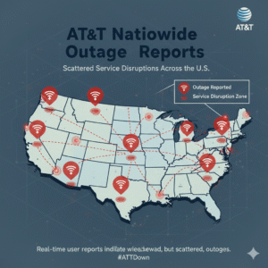 Visual of AT&T outage reports appearing in different regions across the country.