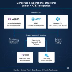 Diagram explaining how AT&T’s acquisition structure connects to Lumen, NetworkCo, and contracted HR systems.